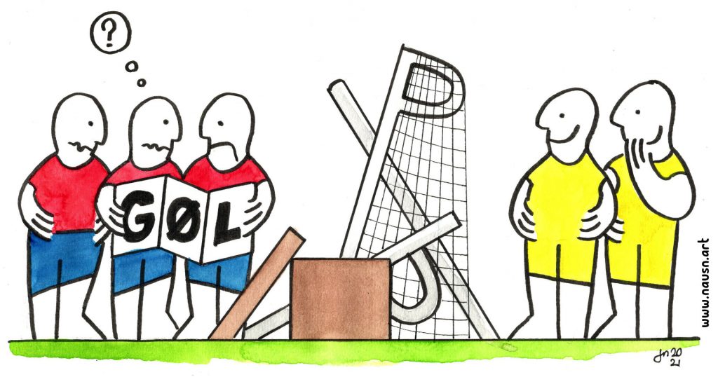 Ein Zeichnung im Stil der Ikea-Bauanleitungen. In der Mitte eine Kiste und ein völlig falsch zusammengesetztes Fussballtor. Links stehen Figuren in spanischen Fussballdressen (rotes Trikot und blaue Hosen). Sie schauen verwirrt in eine Bauanleitung auf der groß „GØL“ steht und schaffen es nicht, Tor zu produzieren. Rechts stehen schmunzelnd in gelben Dressen zwei schwedische Spieler.