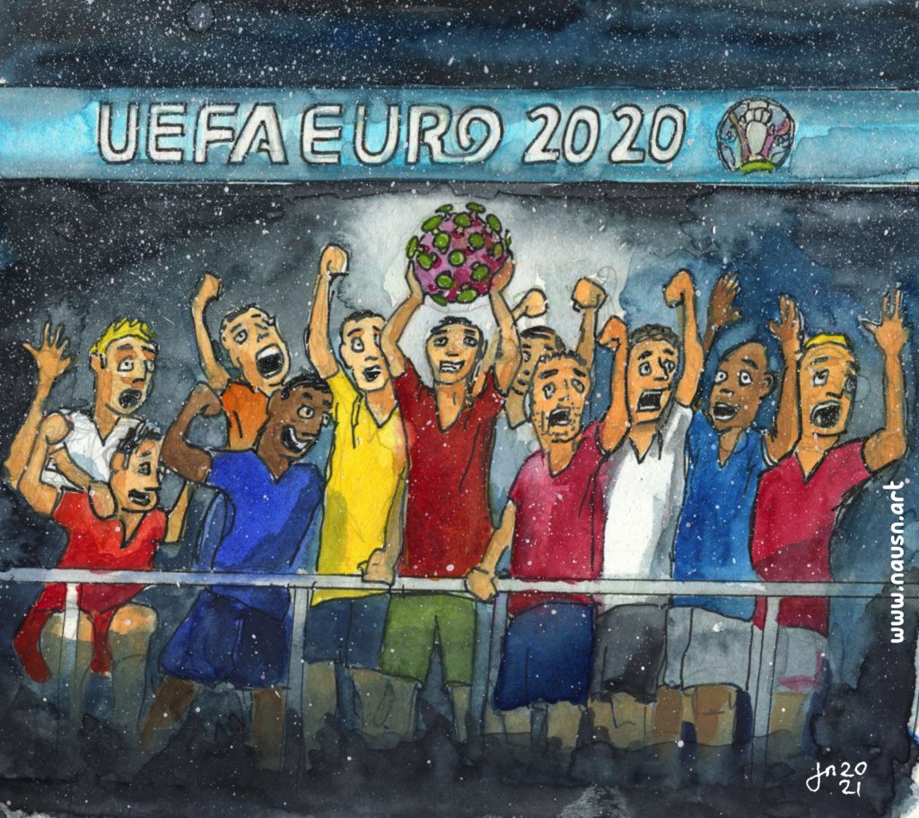 Das Bild ist eine Tuschezeichnung mit Aquarellfarben. Es zeigt die Siegerehrung der der Fussball-Europameisterschaft 2021. Es jubeln Spieler in allen Dressen der teilnehmenden Nationen. In der Mitte reißt ein Spieler nicht den Pokal hoch, sondern den Corona-Virus. Tausende haben sich bei aufgehobenen Beschränkungen in den Fussballstadien angesteckt.  
The image is a caricature in indian ink and aquarell colors. It shows the victory celebration of the European Football Championship 2021- But there are players  In their centre one raises not the trophy – but the coronavirus. Thousands got infected at stadiums with most or all pandemic safety measures lifted.