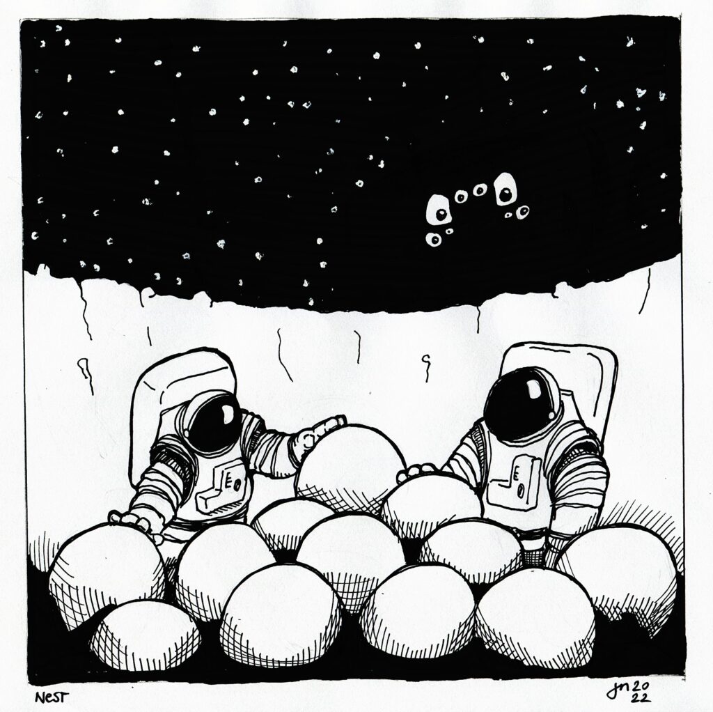 An ink drawing of two astronauts in space suits exploring a crater. They inspect a couple of strange, perfectly round boulders. But behind them eight eyes at the edge of the crater look not too happy with them touching their eggs.